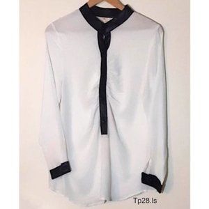 White Sheer Blouse Black Leather Trims Stand Collar Long Sleeve Pleated Front, M